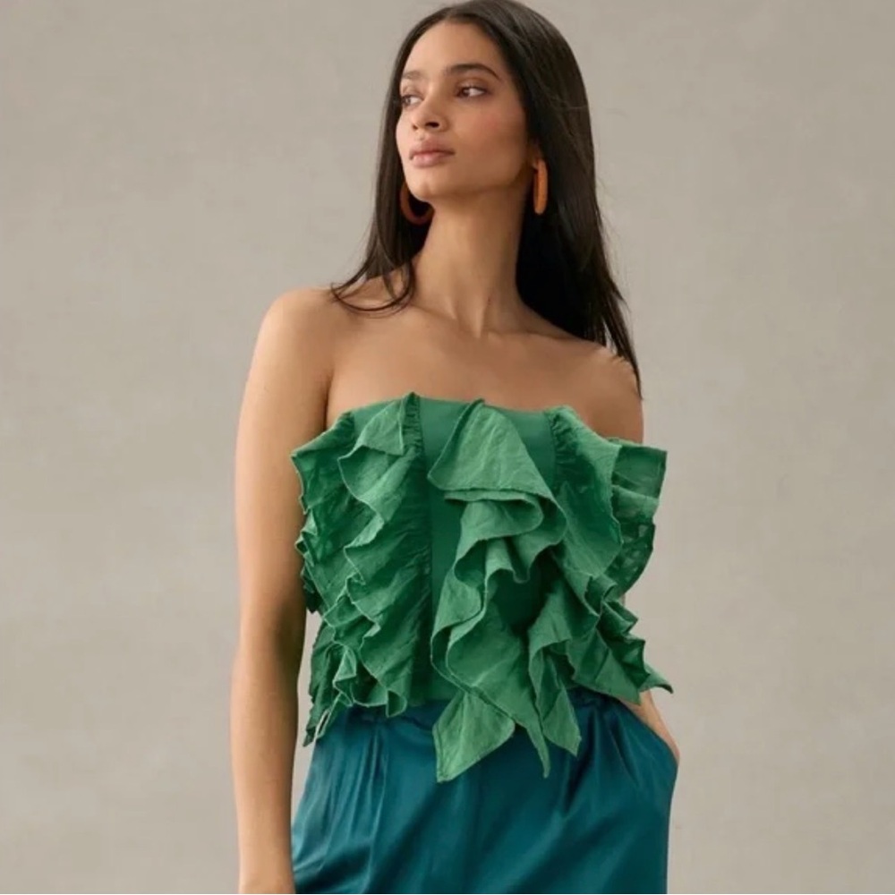 Anthropologie Green Strapless Ruffle Cotton Smocked Back Strapless Top NWT Large